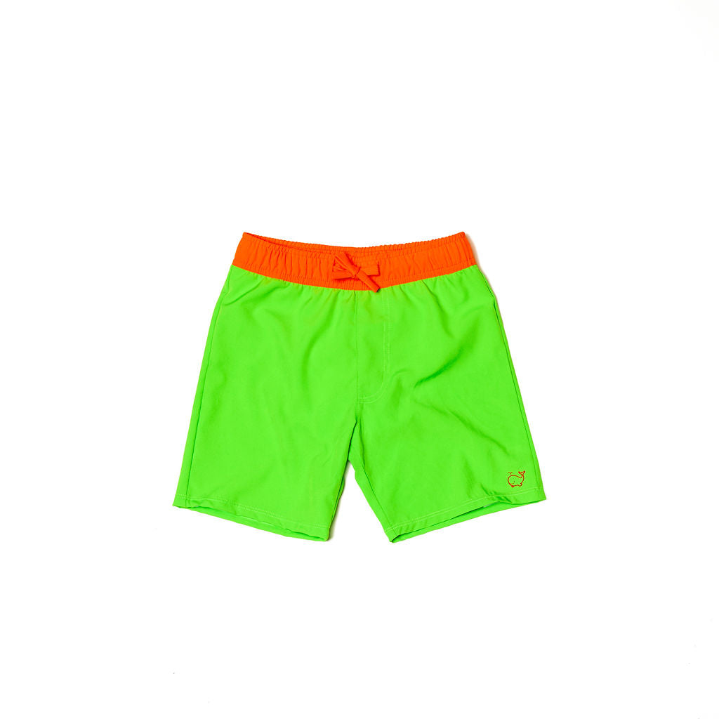Children's neon green swim trunks with a neon orange waistband. The children’s neon swim trunks feature a functional drawstring.