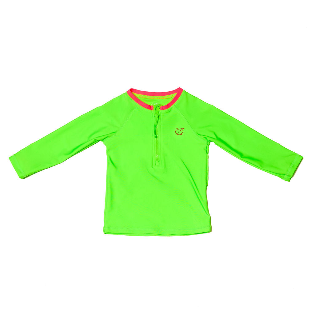 Children's neon green rash guard with a neon pink collar.