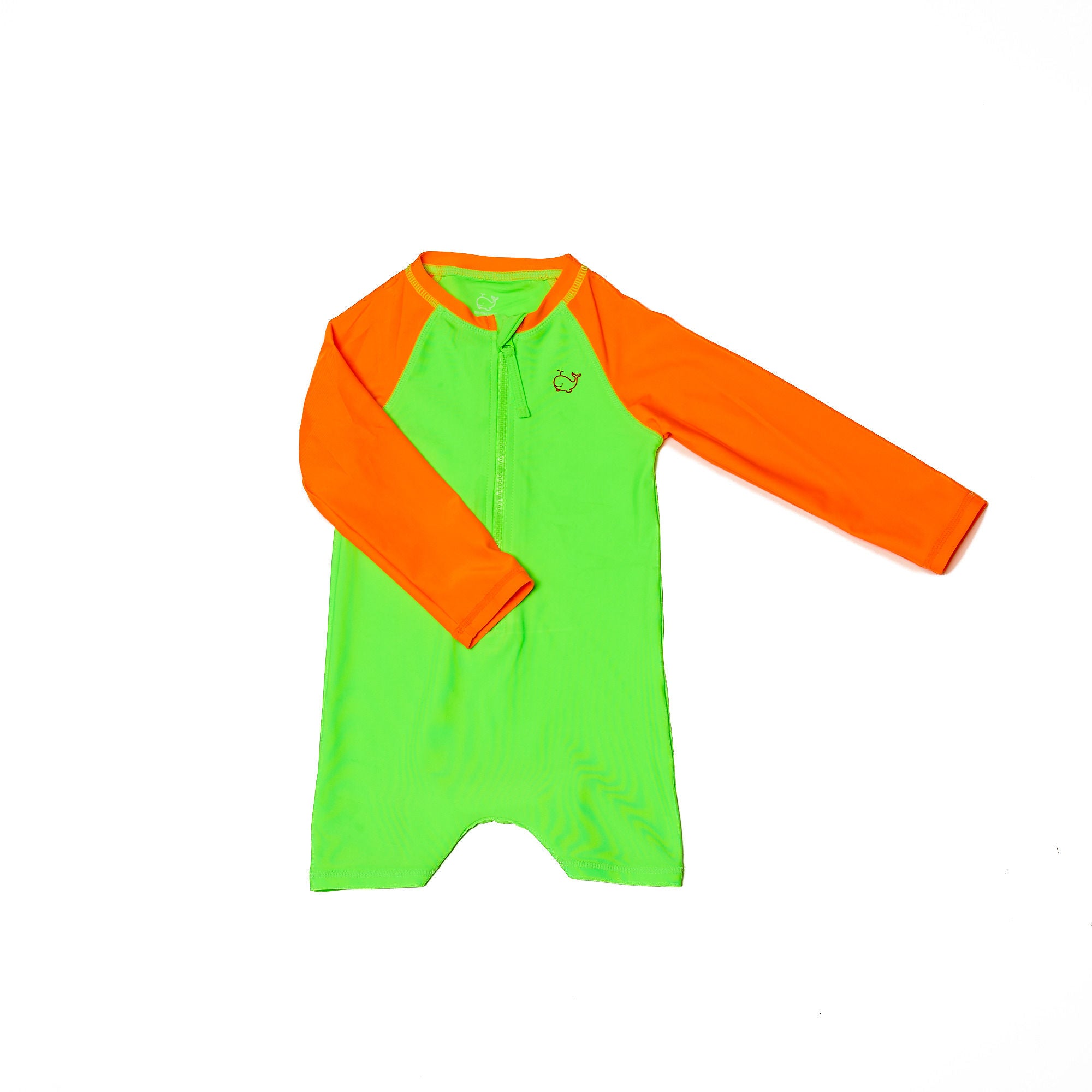 Picture of neon green and neon orange children's rash guard one piece. The rash guard one piece features a zipper for easy on off and snaps for easy diaper changes.