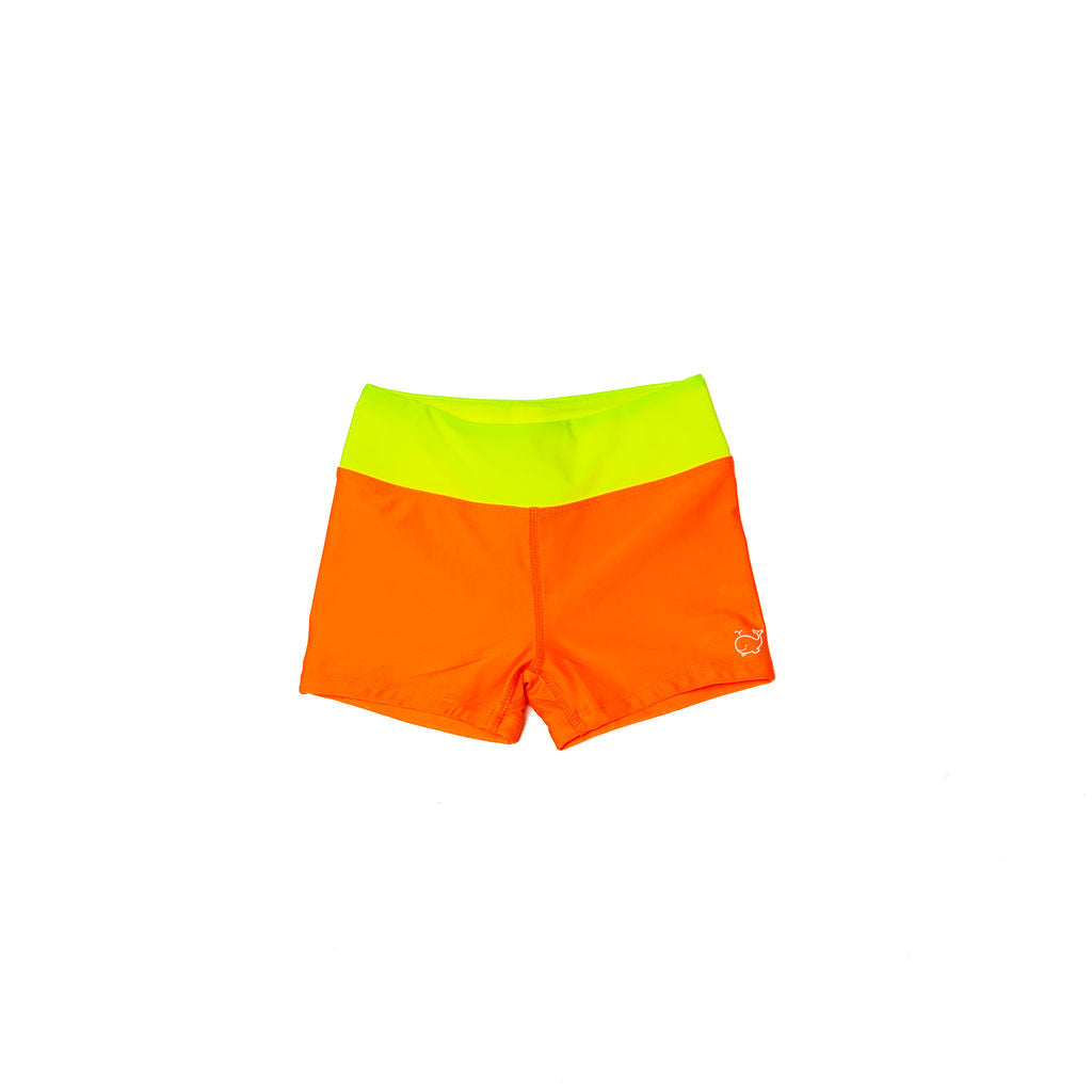 Photo of children's euro swim shorts that are neon orange with a neon yellow waistband.