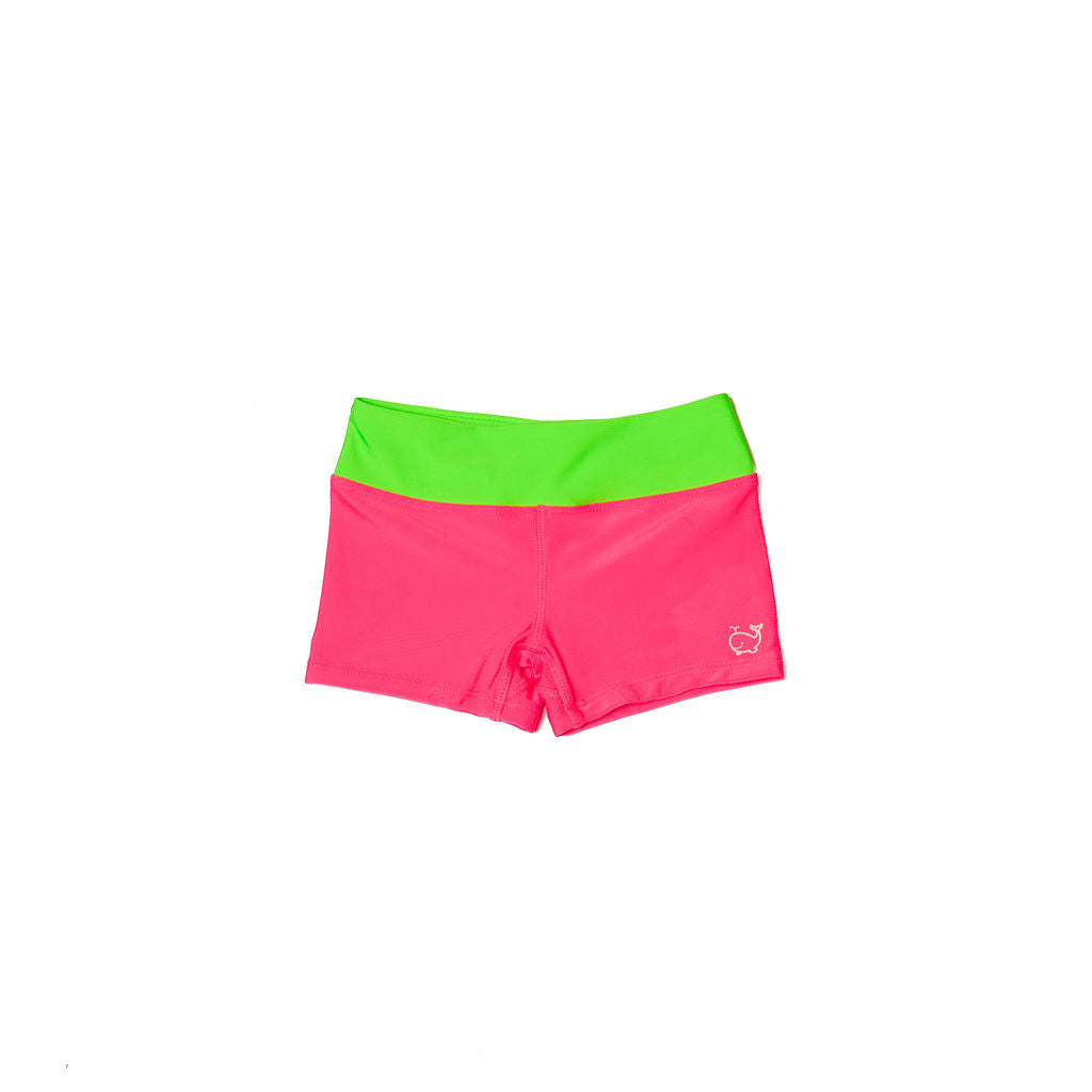 Children's neon pink euro swim shorts with a neon green waistband.